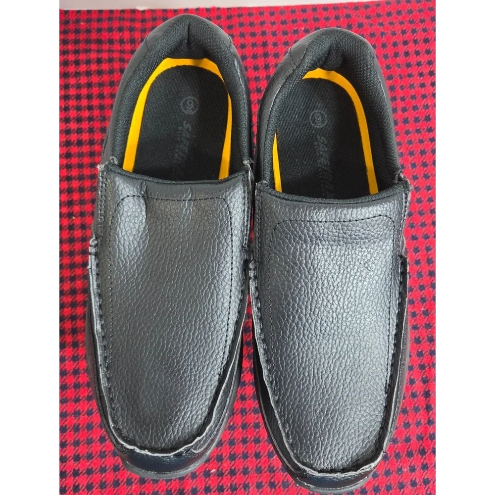 Safetrax Mens sz 9 Work Shoes Faux Leather Non Slip Black Loafers NWOB